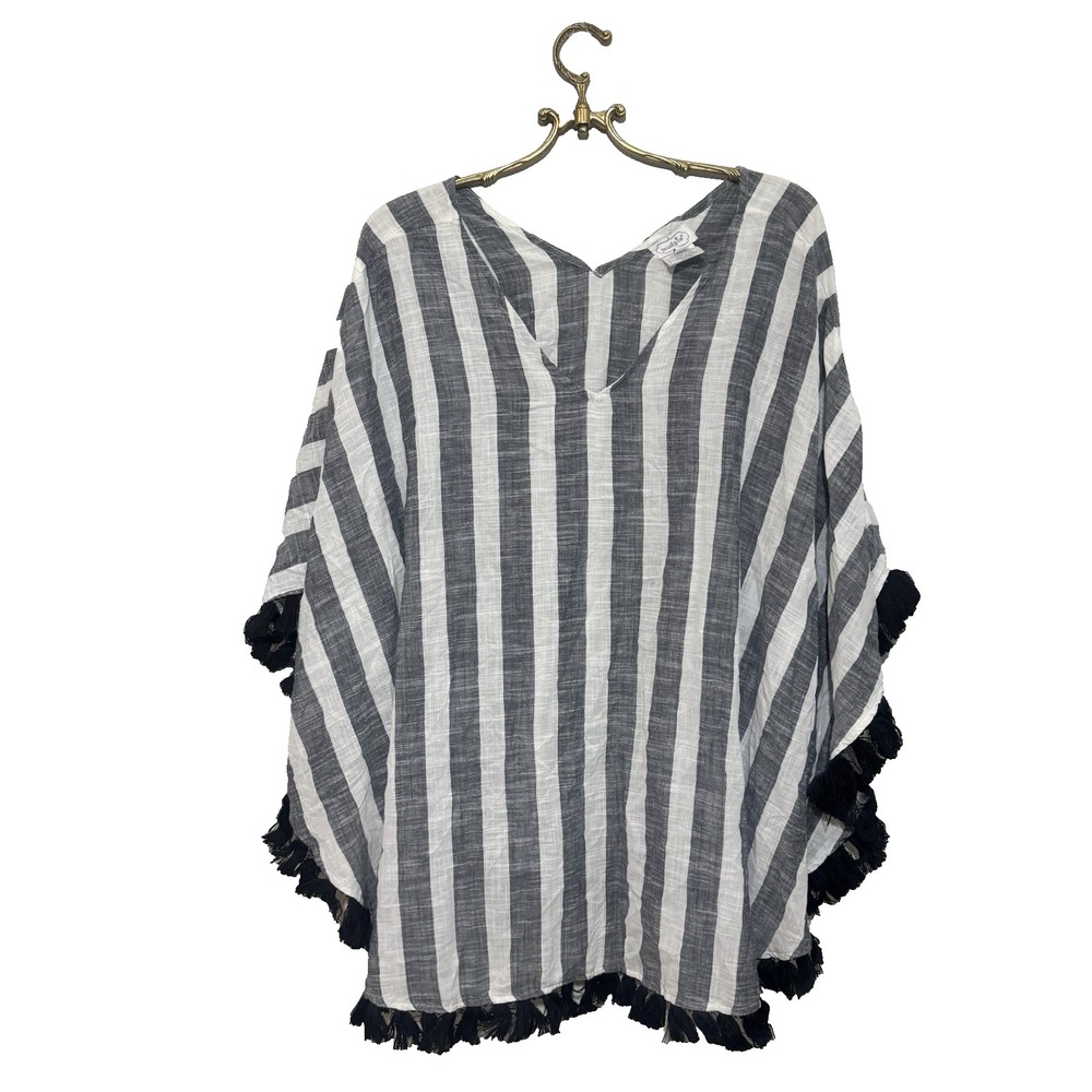 Mud Pie Womans Black White  White Striped‎ Cotton Poncho Swim Cover-Up One Size